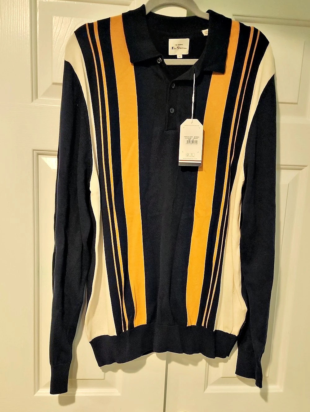 Ben Sherman Long Sleeve Vertical Stripe Polo Striped Long Sleeve Polo in Blue &